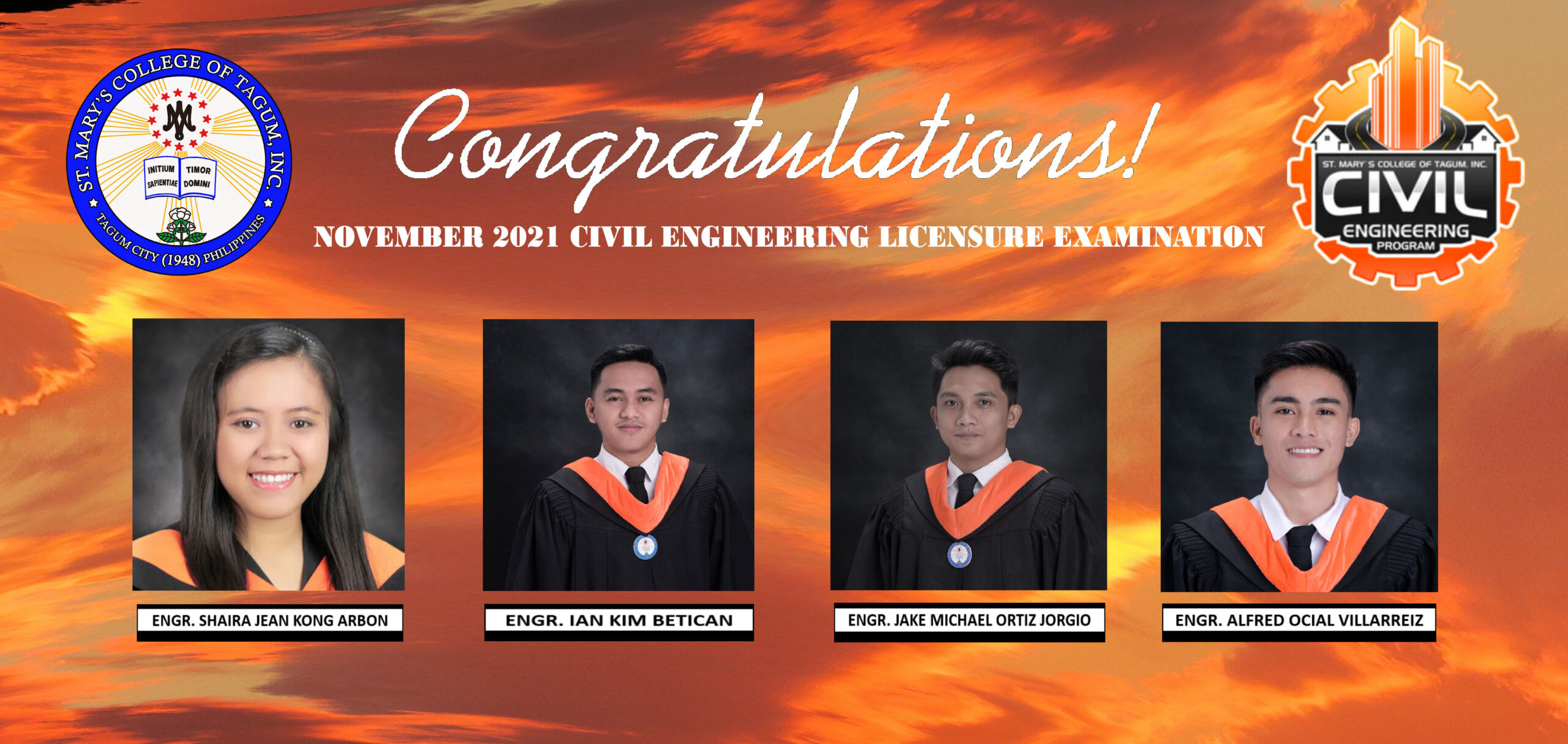 NOVEMBER 2021 CIVIL ENGINEERING BOARD PASSERS St. Mary's College of Tagum, Inc.